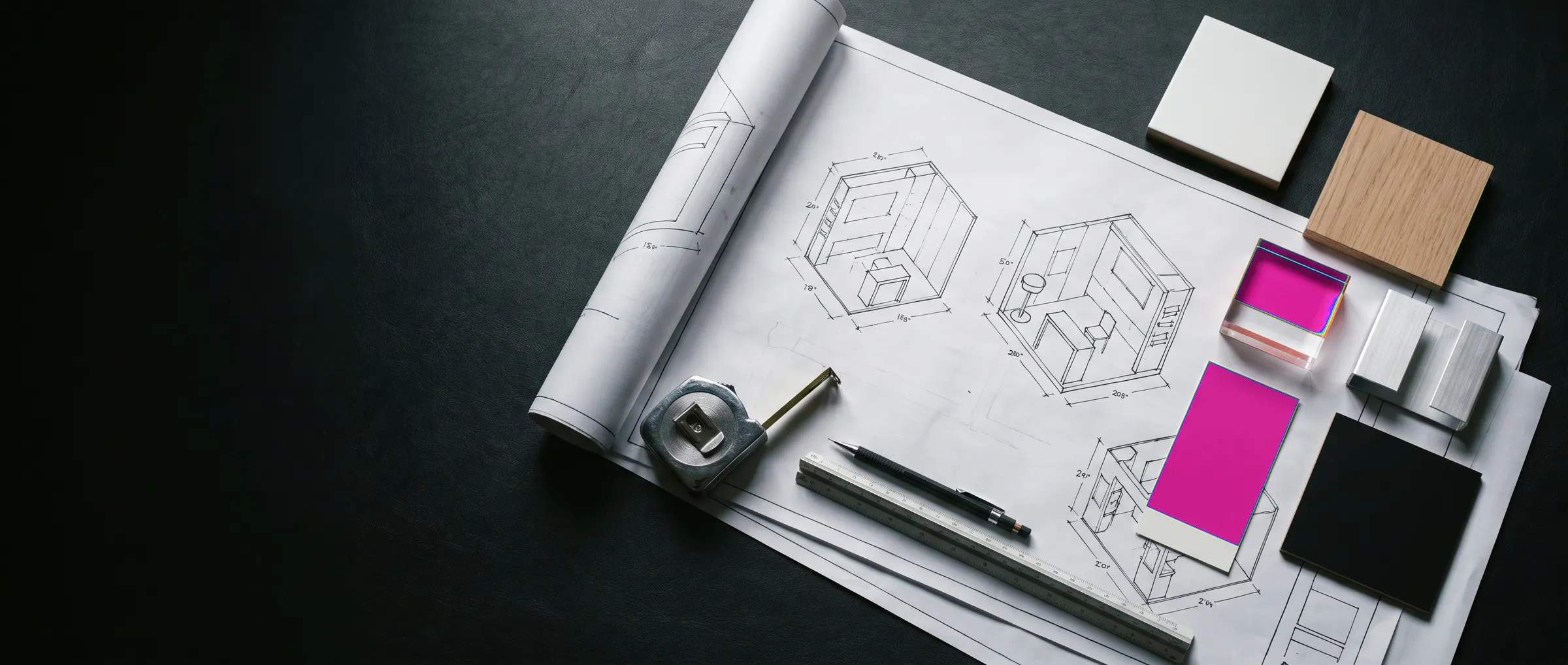 Planos de un stand, muestras de materiales y cinta métrica sobre la mesa de diseño